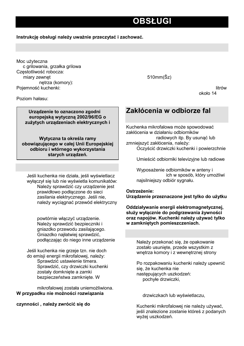 Instrukcja obsługi pl, Charakterystyki techniczne, Przed wezwaniem serwisu | Zakłócenia w odbiorze fal radiowych i elewizyjnych, Instalacja | Gorenje GMO-23 Ora Ito User Manual | Page 62 / 175