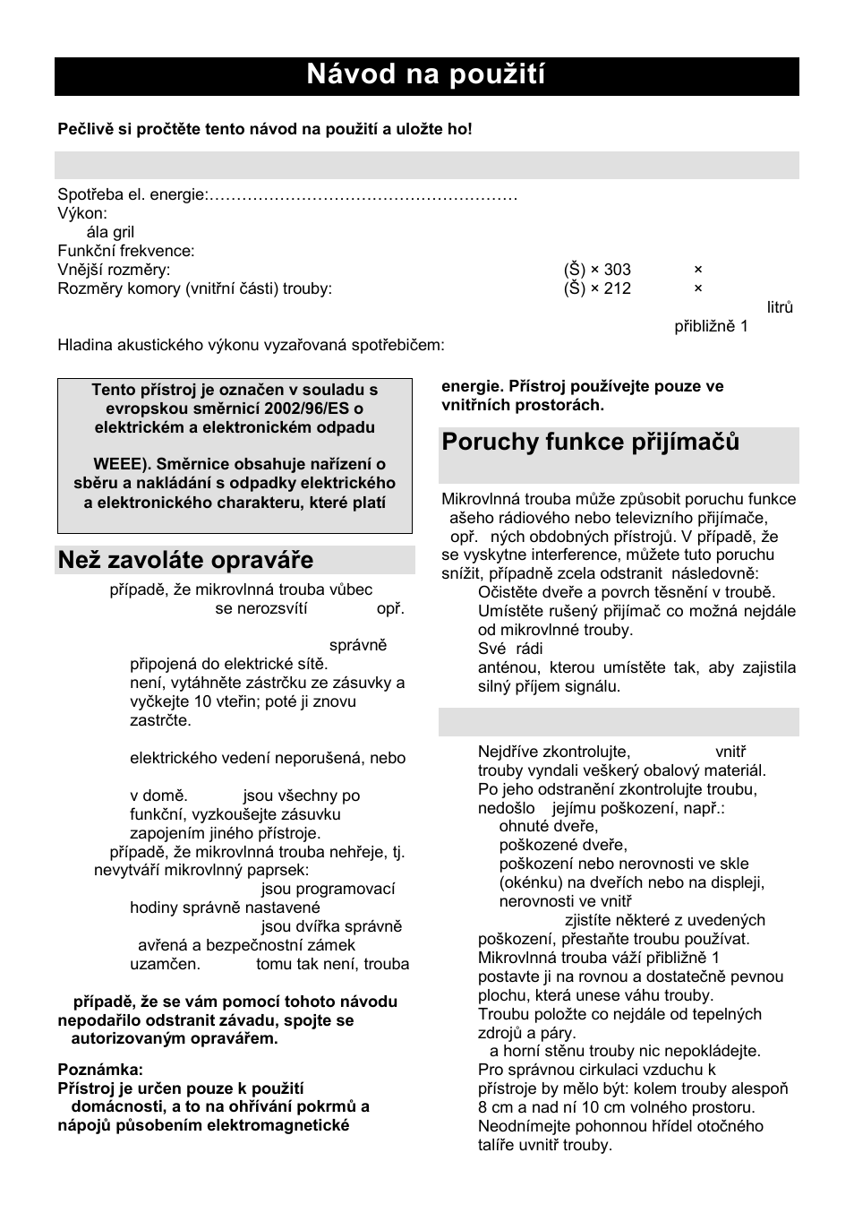 Návod na pouņití cz, Specifikace, Neņ zavoláte opraváře | Poruchy funkce přijímaĉů (interference), Instalace | Gorenje GMO-23 Ora Ito User Manual | Page 84 / 175