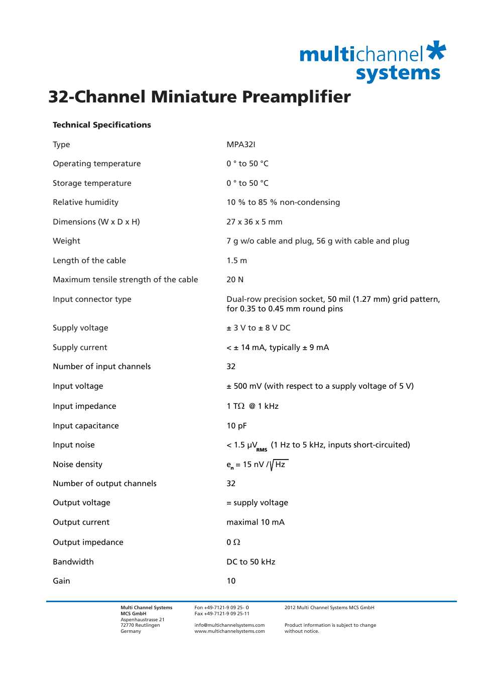 Channel miniature preamplifier | Multichannel Systems MPA32I User Manual | Page 2 / 2