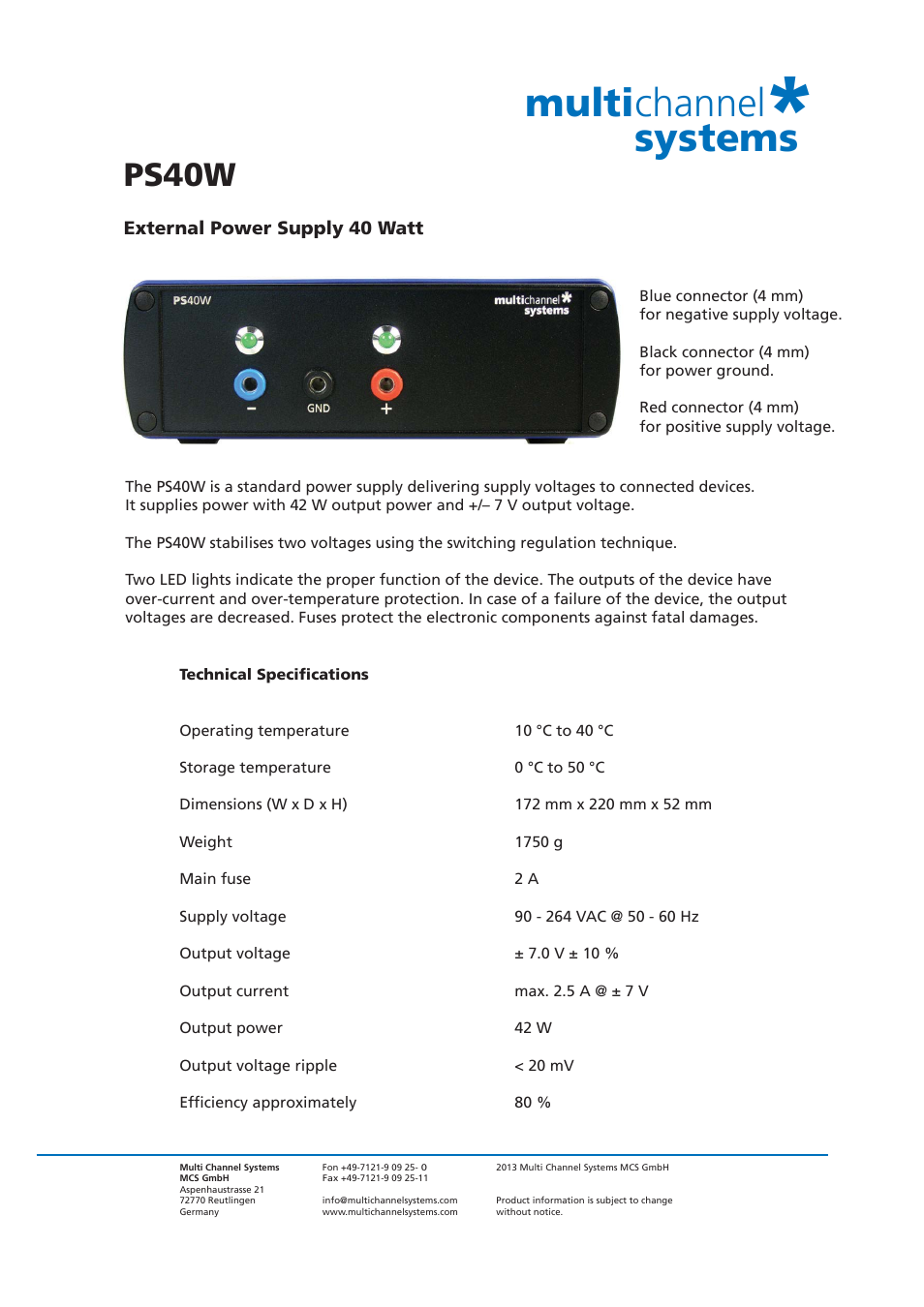 Multichannel Systems PS40W User Manual | 1 page