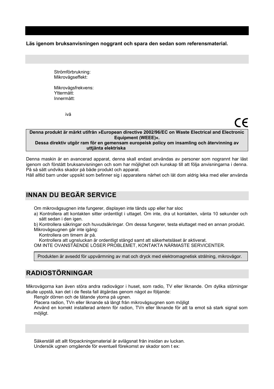 Bruksanvisning se, Tekniska specifikationer, Innan du begär service | Radiostörningar, Installation | Gorenje GMO-20 DGB User Manual | Page 105 / 152