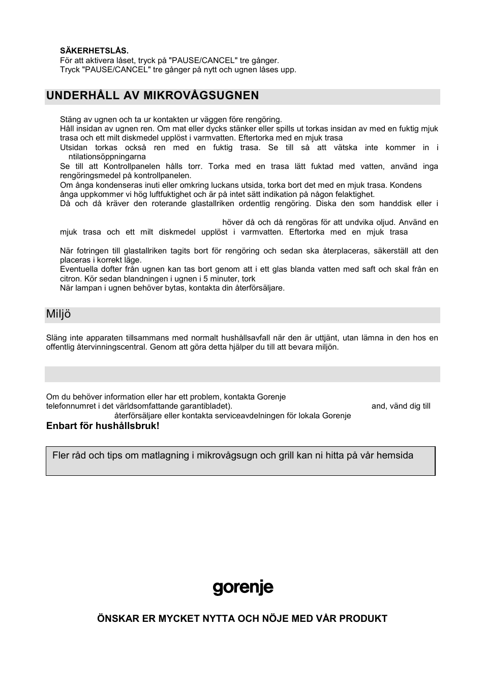 Underhåll av mikrovågsugnen, Miljö, Garanti & service | Gorenje GMO-20 DGB User Manual | Page 110 / 152