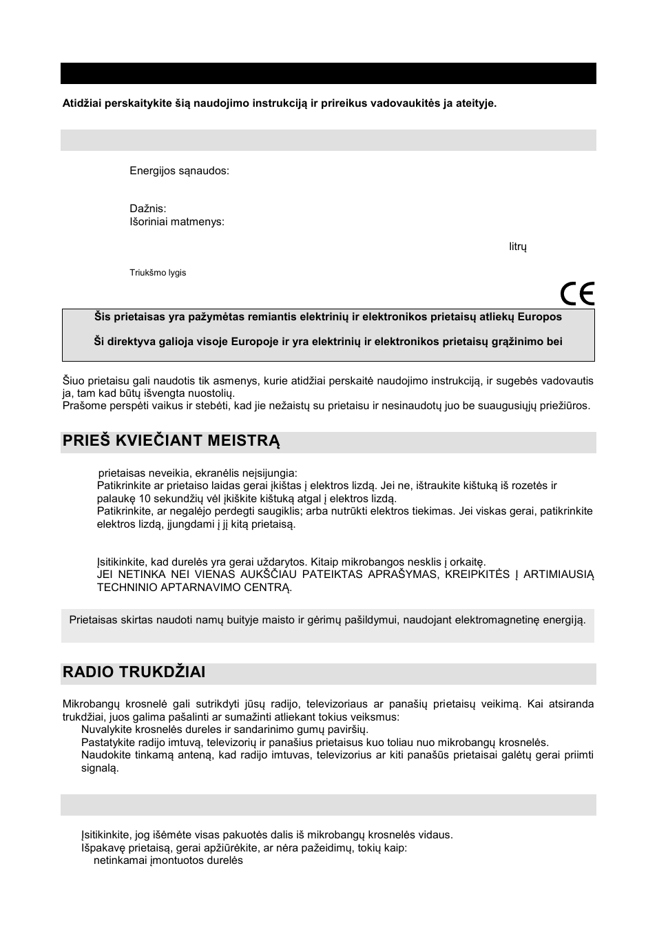 Naudojimo instrukcija lt, Techniniai duomenys, Prień kvieţiant meistrą | Radio trukdņiai, Montavimas | Gorenje GMO-20 DGB User Manual | Page 129 / 152