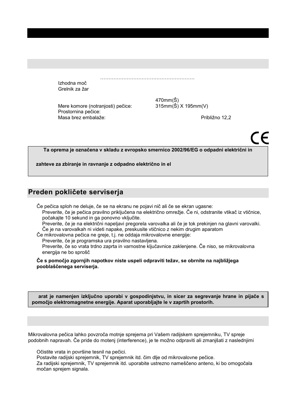 Navodila za uporabo sl, Specifikacije, Preden pokliţete serviserja | Radijske motnje (interference) | Gorenje GMO-20 DGB User Manual | Page 3 / 152