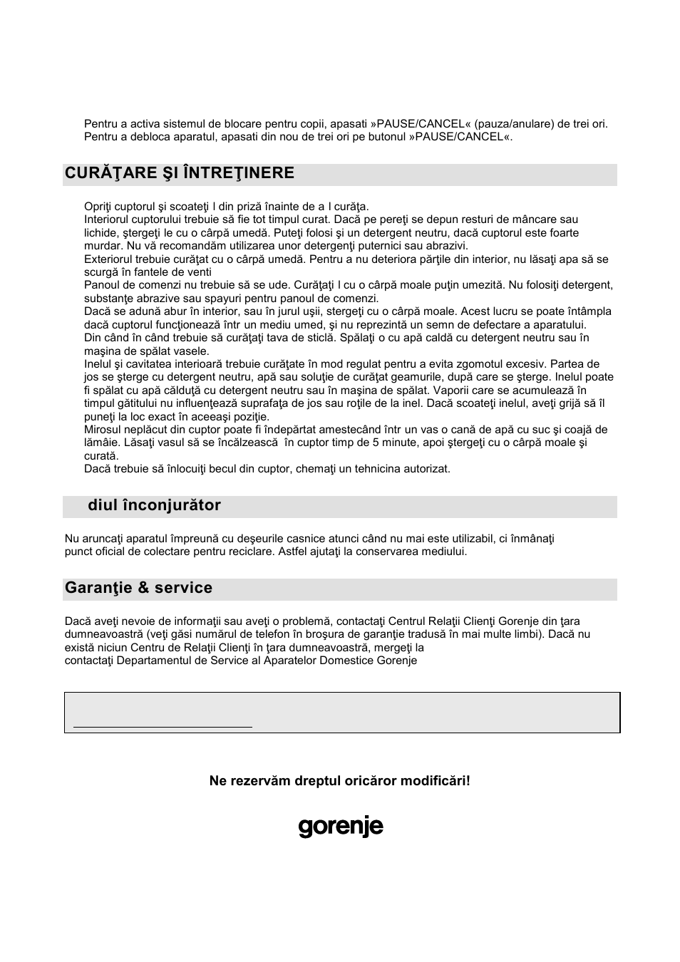 Curăŝare şi întreŝinere, Me diul înconjurător, Garanŝie & service | Gorenje GMO-20 DGB User Manual | Page 66 / 152