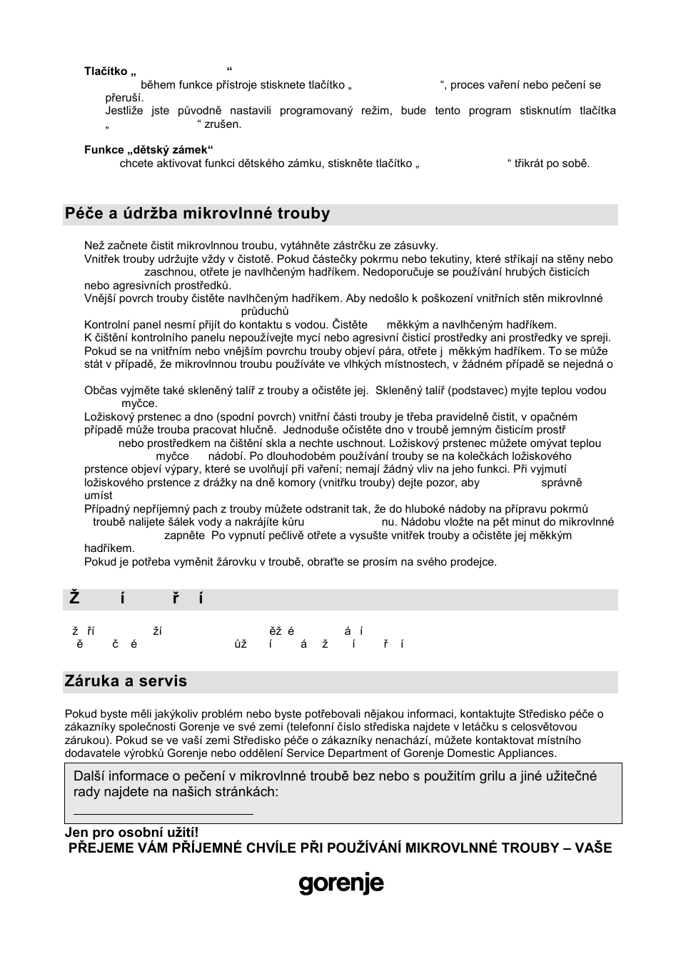 Péţe a údrņba mikrovlnné trouby, Ņivotní prostředí, Záruka a servis | Gorenje GMO-20 DGB User Manual | Page 78 / 152