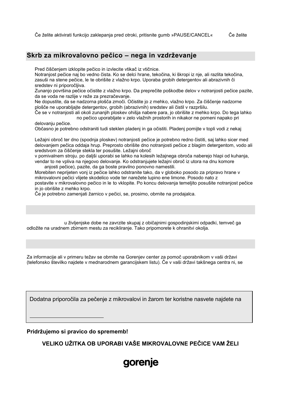 Skrb za mikrovalovno peţico – nega in vzdrņevanje, Okolje, Garancija in servis | Gorenje GMO-20 DGB User Manual | Page 8 / 152