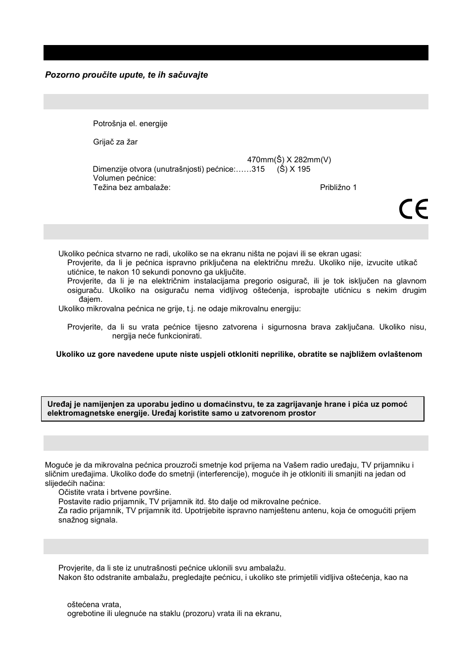 Upute za uporabu hr, Specifikacija, Prije nego pozovete servisera | Radijske smetnje (interferencija), Postavljanje | Gorenje GMO-20 DGB User Manual | Page 9 / 152