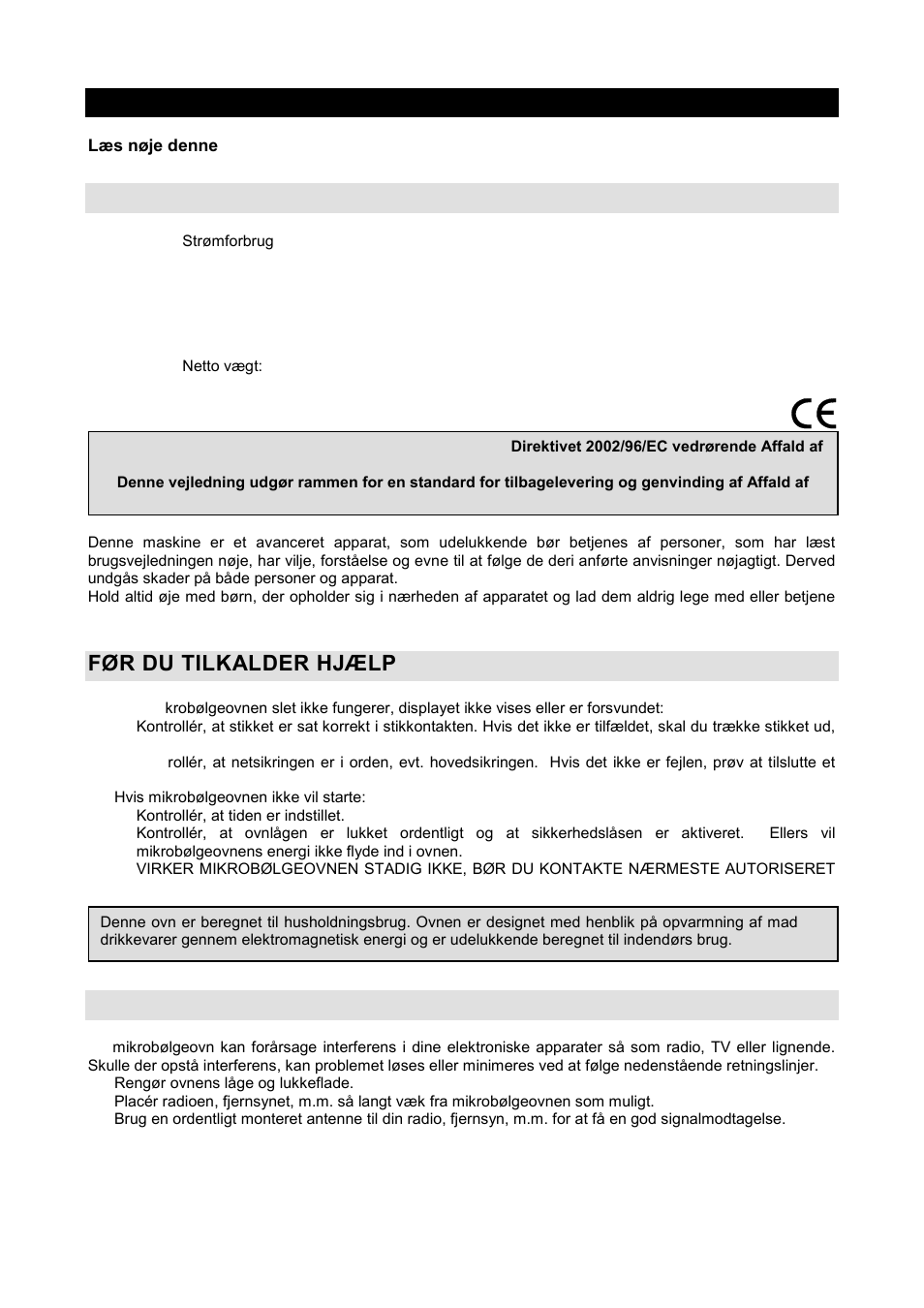 Brugsanvisning dk, Tekniske data, Før du tilkalder hjælp | Interference i radioudstyr | Gorenje GMO-20 DGB User Manual | Page 99 / 152