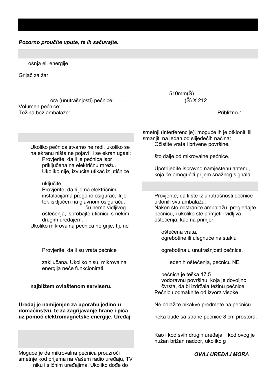 Upute za uporabu hr, Specifikacija, Prije nego pozovete servisera | Radijske smetnje (interferencija), Postavljanje | Gorenje GMO-24 DCS User Manual | Page 10 / 177