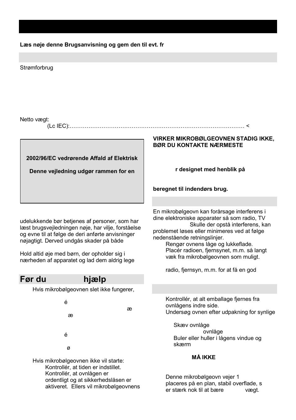 Brugsanvisning dk, Tekniske data, Før du tilkalder hjælp | Interference i radioudstyr, Installation | Gorenje GMO-24 DCS User Manual | Page 128 / 177