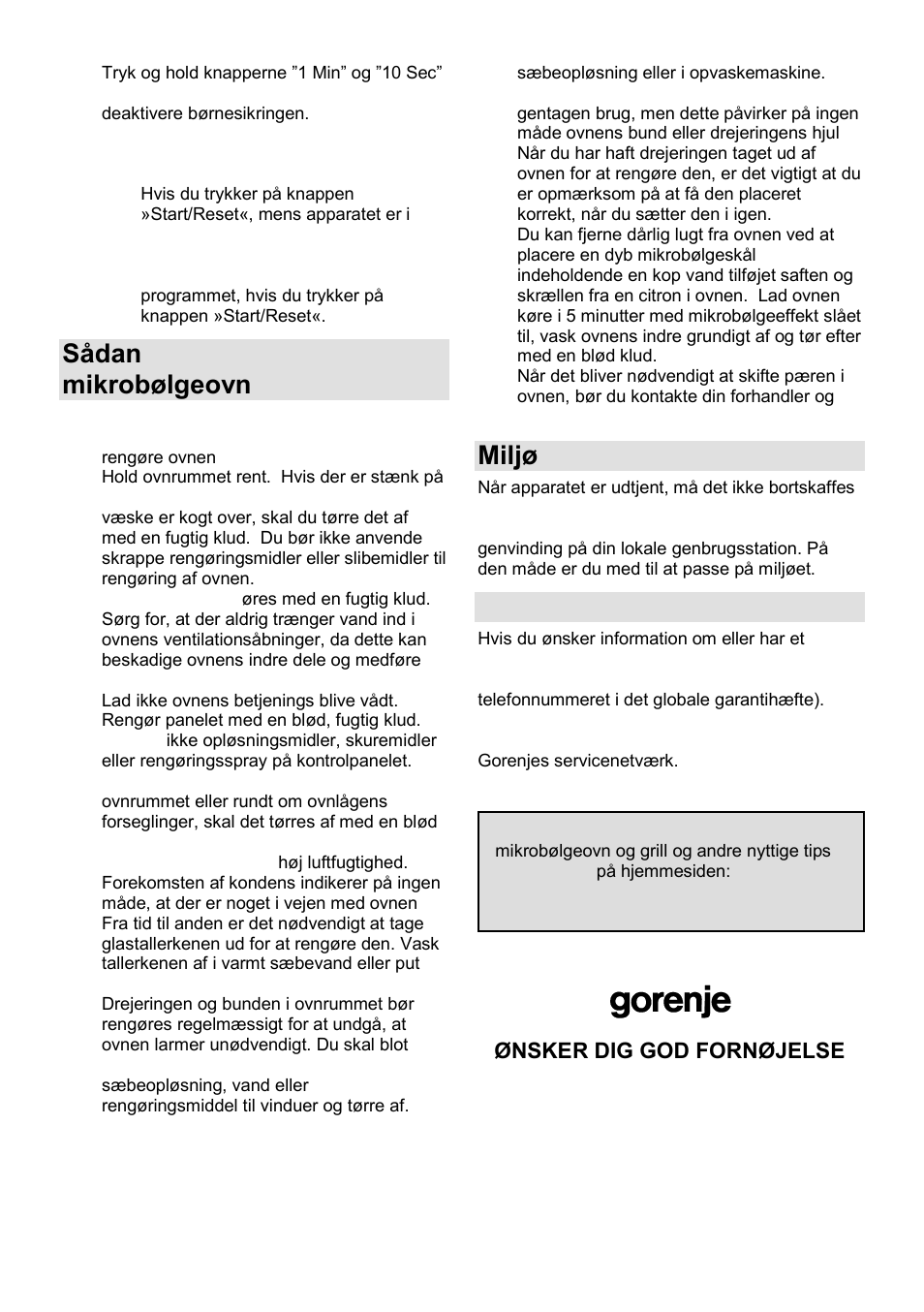 Sådan vedligeholder du din mikrobølgeovn, Miljø, Garanti og service | Gorenje GMO-24 DCS User Manual | Page 134 / 177