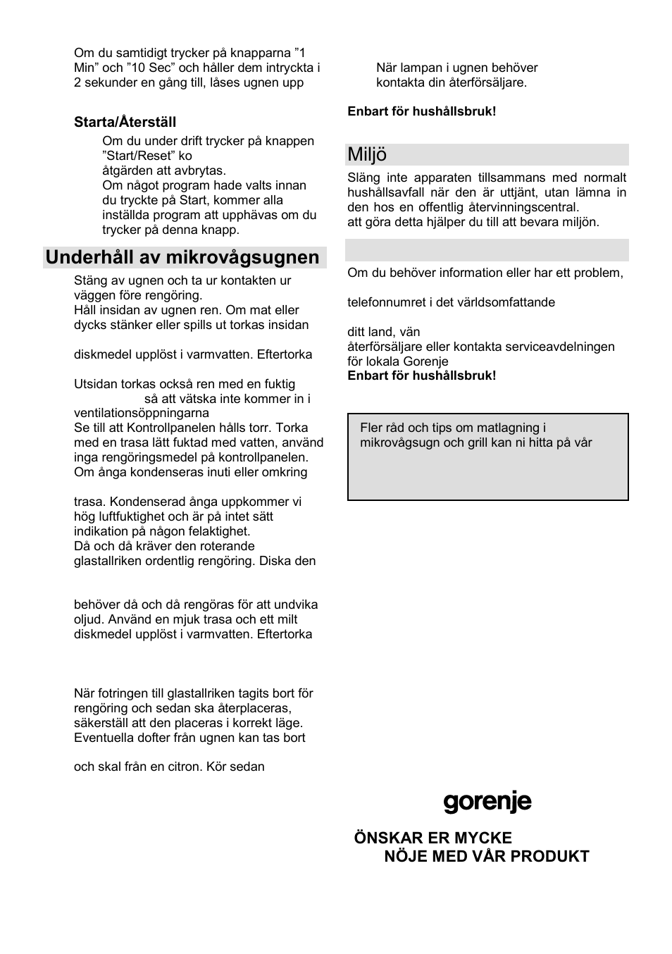 Underhåll av mikrovågsugnen, Miljö, Garanti & service | Gorenje GMO-24 DCS User Manual | Page 141 / 177