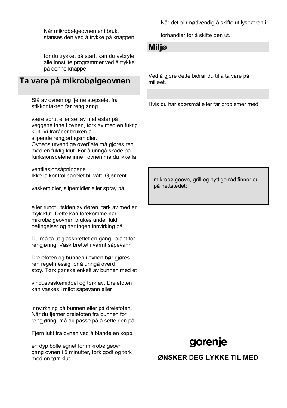 Ta vare på mikrobølgeovnen din, Miljø, Garanti og service | Gorenje GMO-24 DCS User Manual | Page 148 / 177