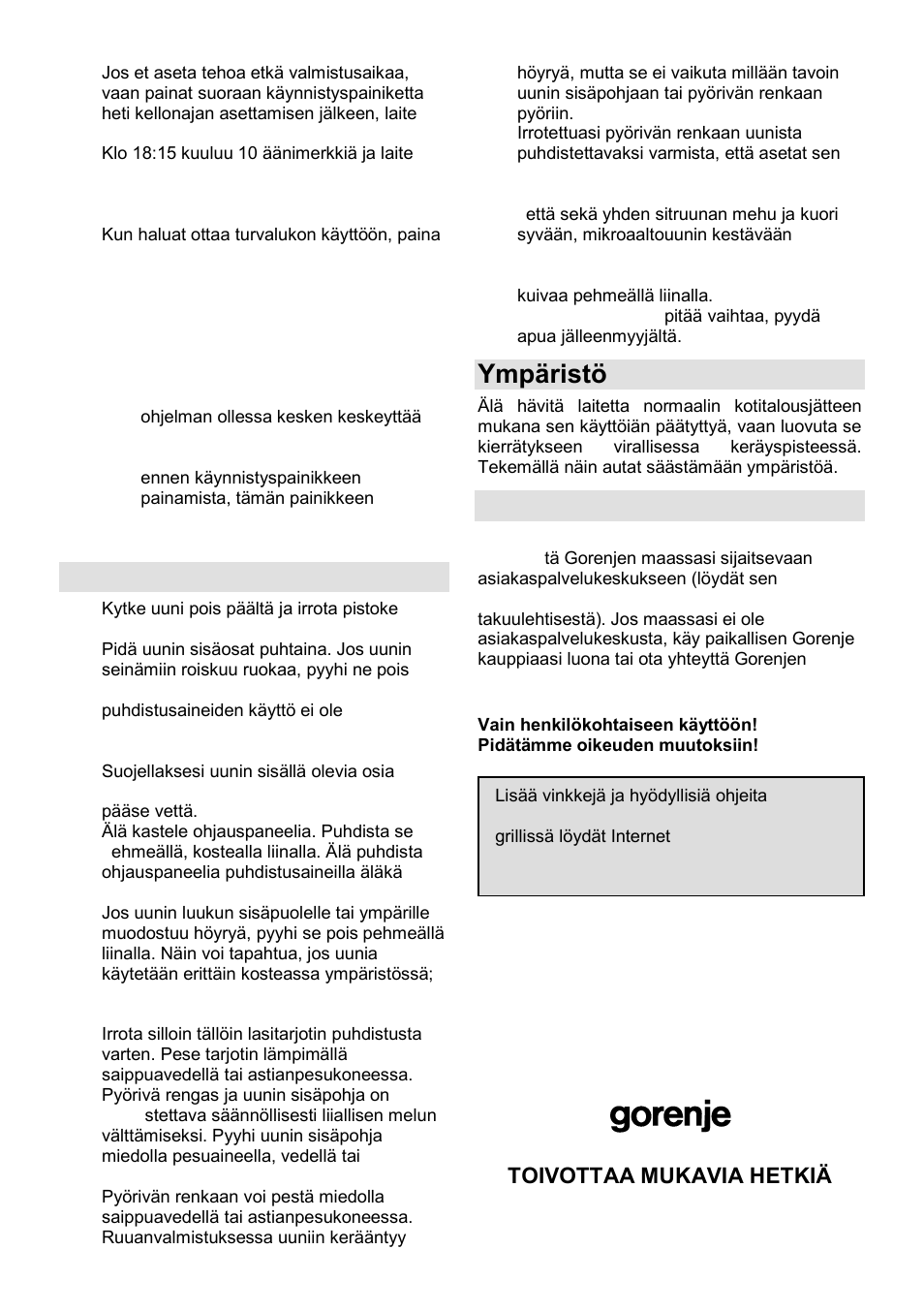 Mikroaaltouunin huolto, Ympäristö, Takuu ja huolto | Gorenje GMO-24 DCS User Manual | Page 155 / 177