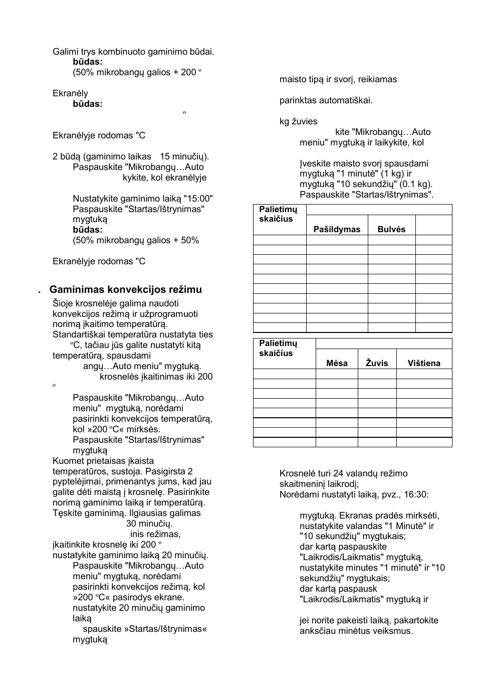 Kombinuotas gaminimas, Gaminimas konvekcijos reņimu, Automatinis gaminimas - meniu | Laikrodis | Gorenje GMO-24 DCS User Manual | Page 168 / 177