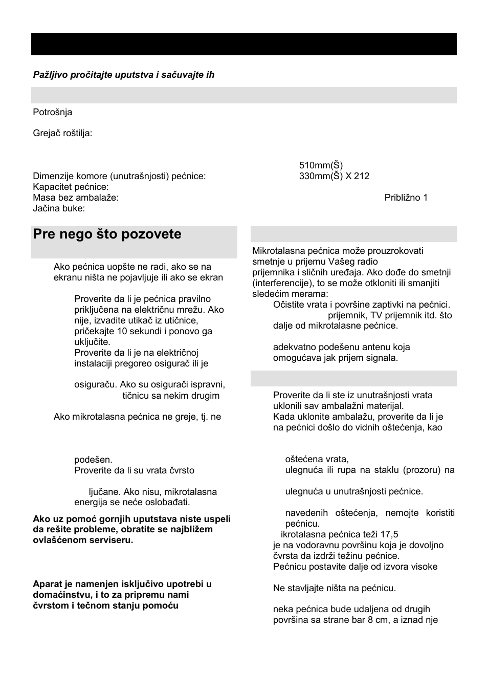 Uputstvo za upotrebu srb - mne, Specifikacije, Pre nego ńto pozovete servisera | Radio-smetnje (interferencije), Postavljanje | Gorenje GMO-24 DCS User Manual | Page 17 / 177