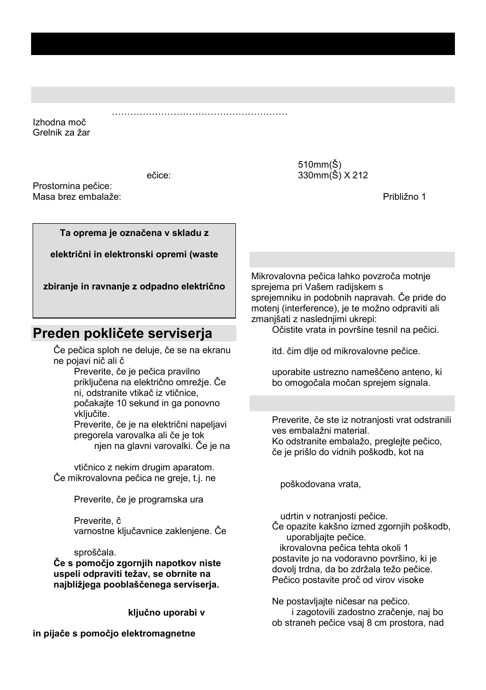 Navodila za uporabo si, Specifikacije, Preden pokliĉete serviserja | Radijske motnje (interference), Namestitev | Gorenje GMO-24 DCS User Manual | Page 3 / 177