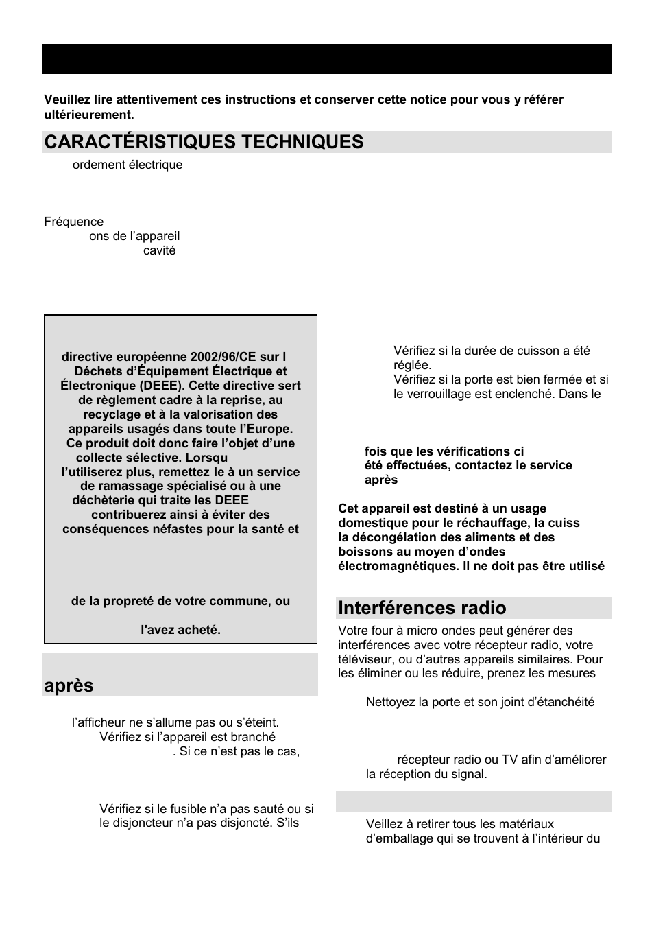 Notice d'utilisation fr, Caractçristiques techniques, Avant de contacter le service après-vente | Interférences radio, Installation | Gorenje GMO-24 DCS User Manual | Page 50 / 177