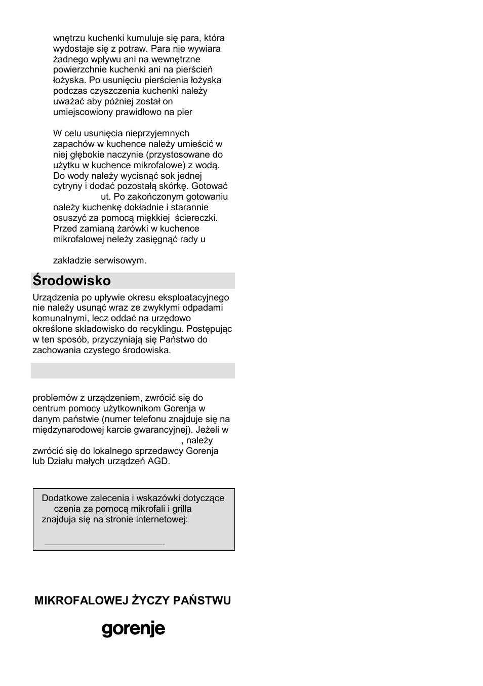 Środowisko, Gwarancja i serwis naprawczy | Gorenje GMO-24 DCS User Manual | Page 74 / 177