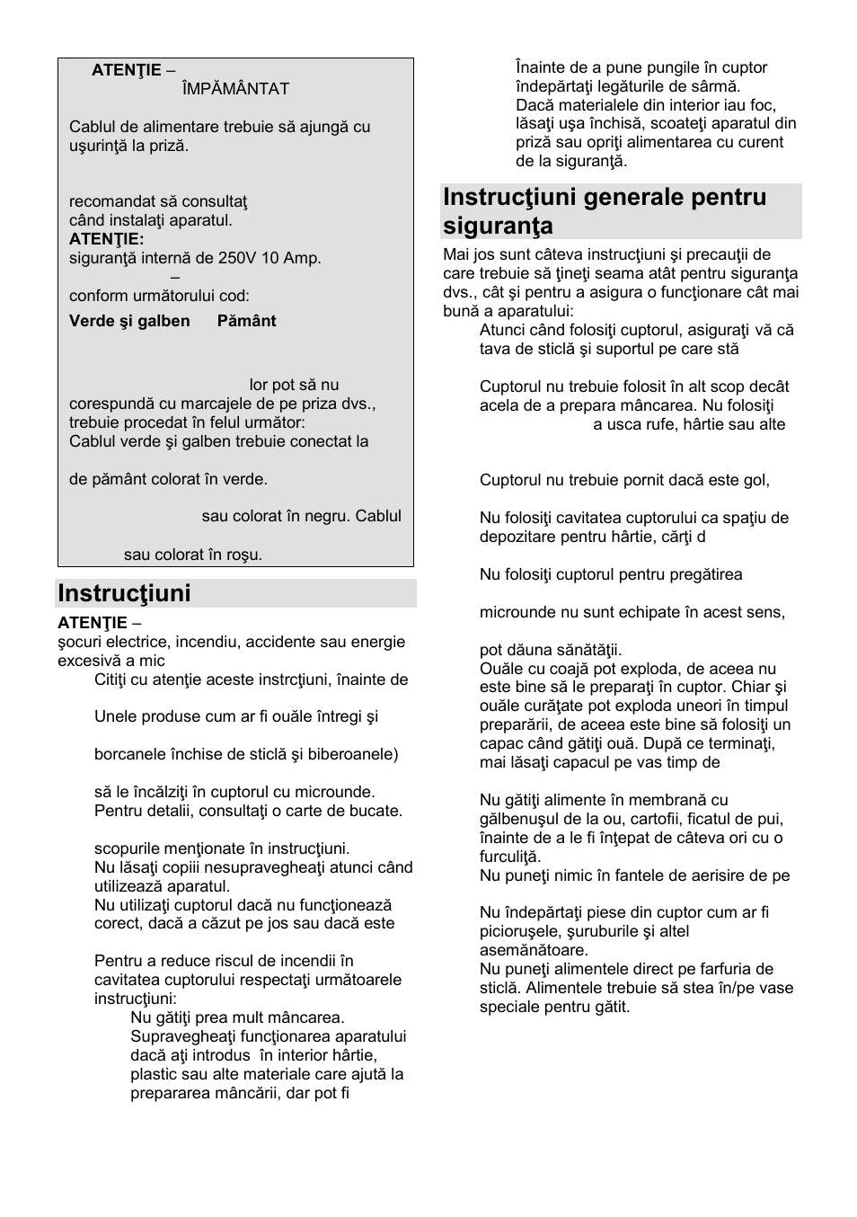 Instrucŝiuni importante, Instrucŝiuni generale pentru siguranŝa dvs | Gorenje GMO-24 DCS User Manual | Page 76 / 177