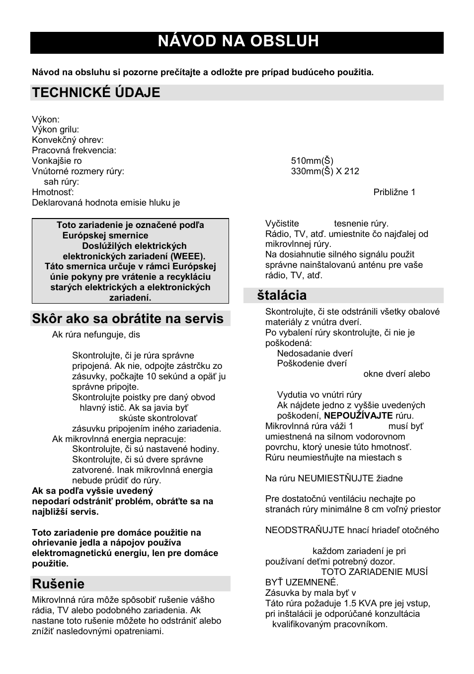 Návod na obsluhu sk, Technickç údaje, Skôr ako sa obrátite na servis | Ruńenie | Gorenje GMO-24 DCS User Manual | Page 82 / 177