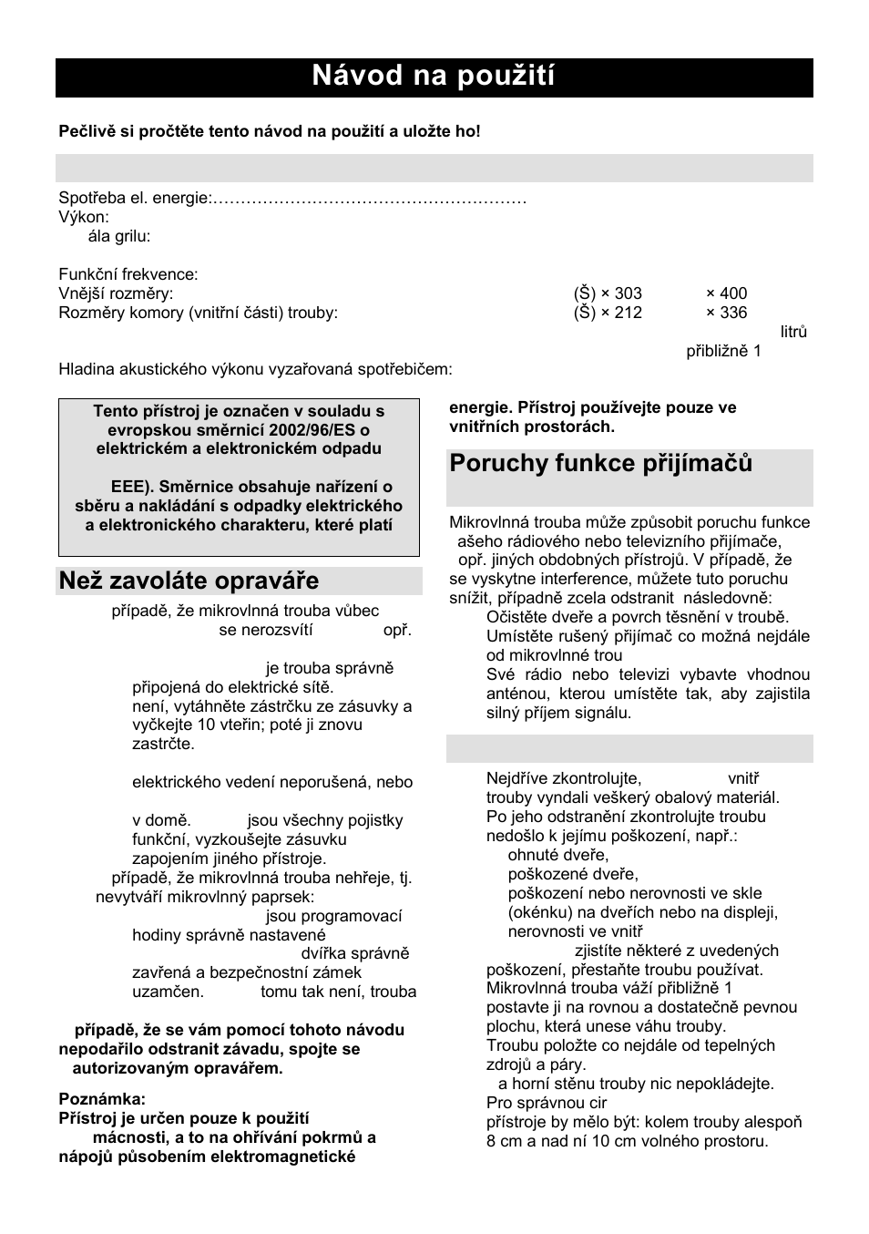 Návod na pouņití cz, Specifikace, Neņ zavoláte opraváře | Poruchy funkce přijímaĉů (interference), Instalace | Gorenje GMO-24 DCS User Manual | Page 89 / 177