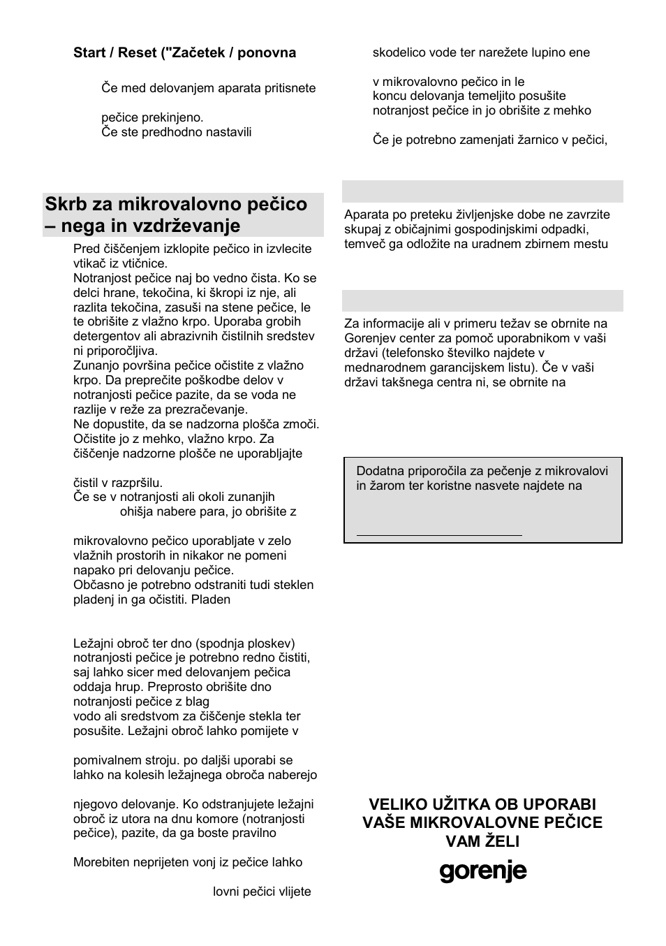 Skrb za mikrovalovno peĉico – nega in vzdrņevanje, Okolje, Garancija in servis | Gorenje GMO-24 DCS User Manual | Page 9 / 177