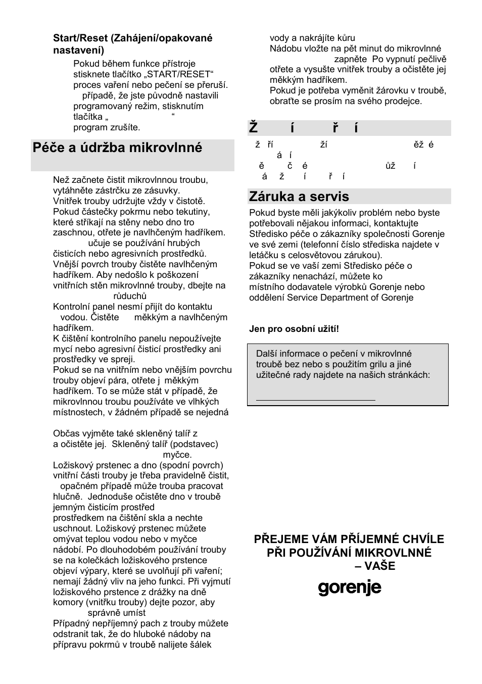 Péĉe a údrņba mikrovlnné trouby, Ņivotní prostředí, Záruka a servis | Gorenje GMO-24 DCS User Manual | Page 95 / 177