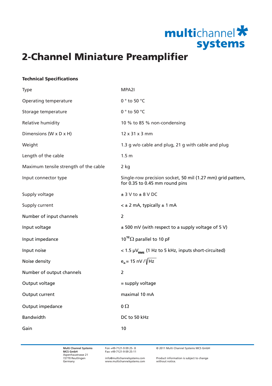 Channel miniature preamplifier | Multichannel Systems MPA2I User Manual | Page 2 / 2
