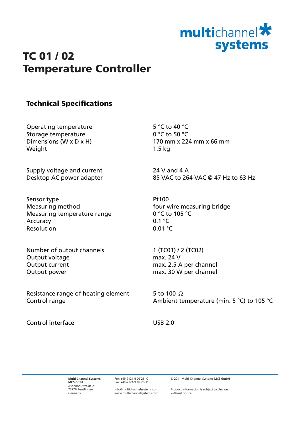 Multichannel Systems TC 01_02 Temperature Controller User Manual | 1 page