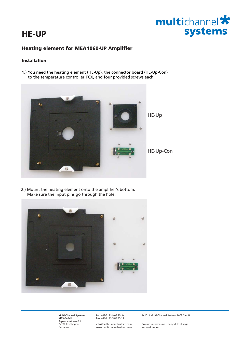 Multichannel Systems HE-Up User Manual | 2 pages