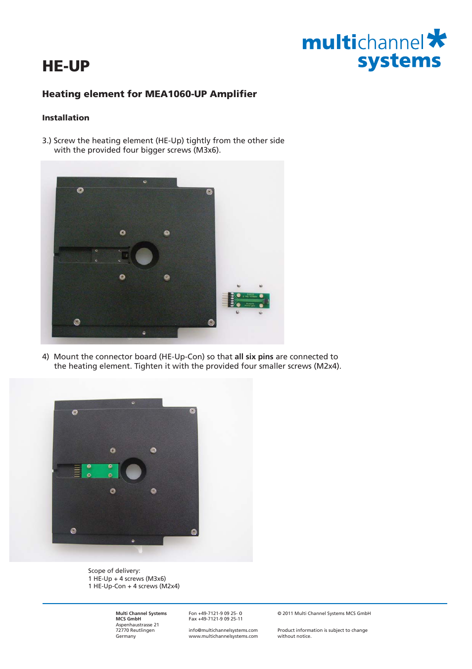 He-up, Heating element for mea1060-up amplifier | Multichannel Systems HE-Up User Manual | Page 2 / 2