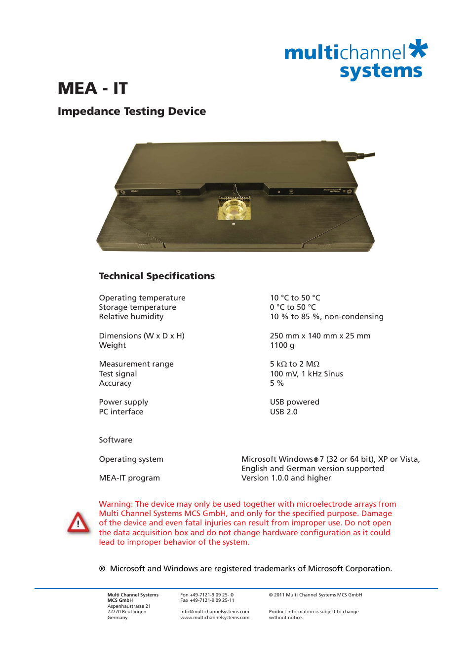 Multichannel Systems MEA-IT User Manual | 1 page