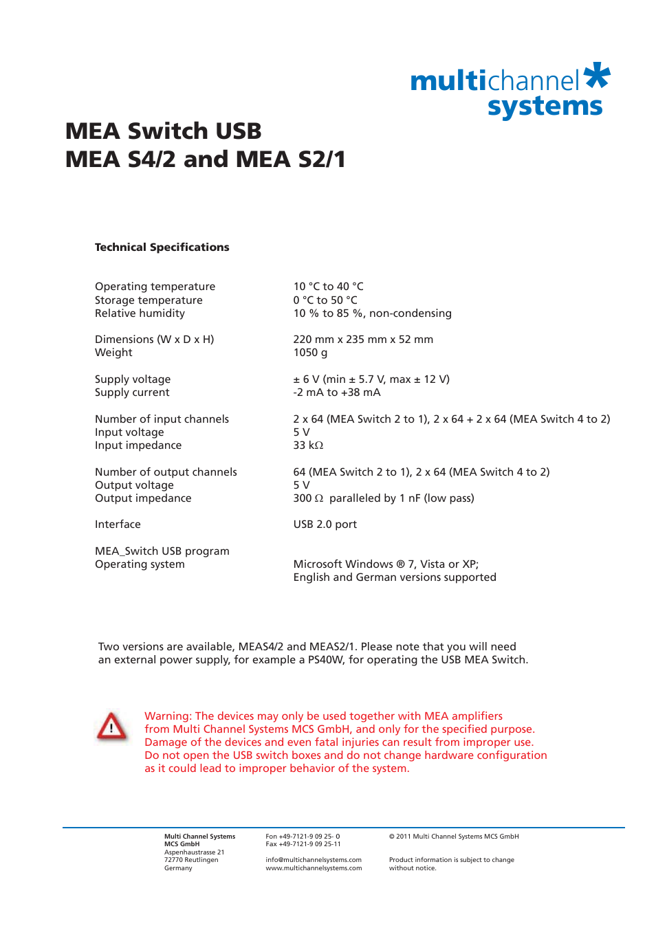 Multichannel Systems MEA Switch USB User Manual | 1 page