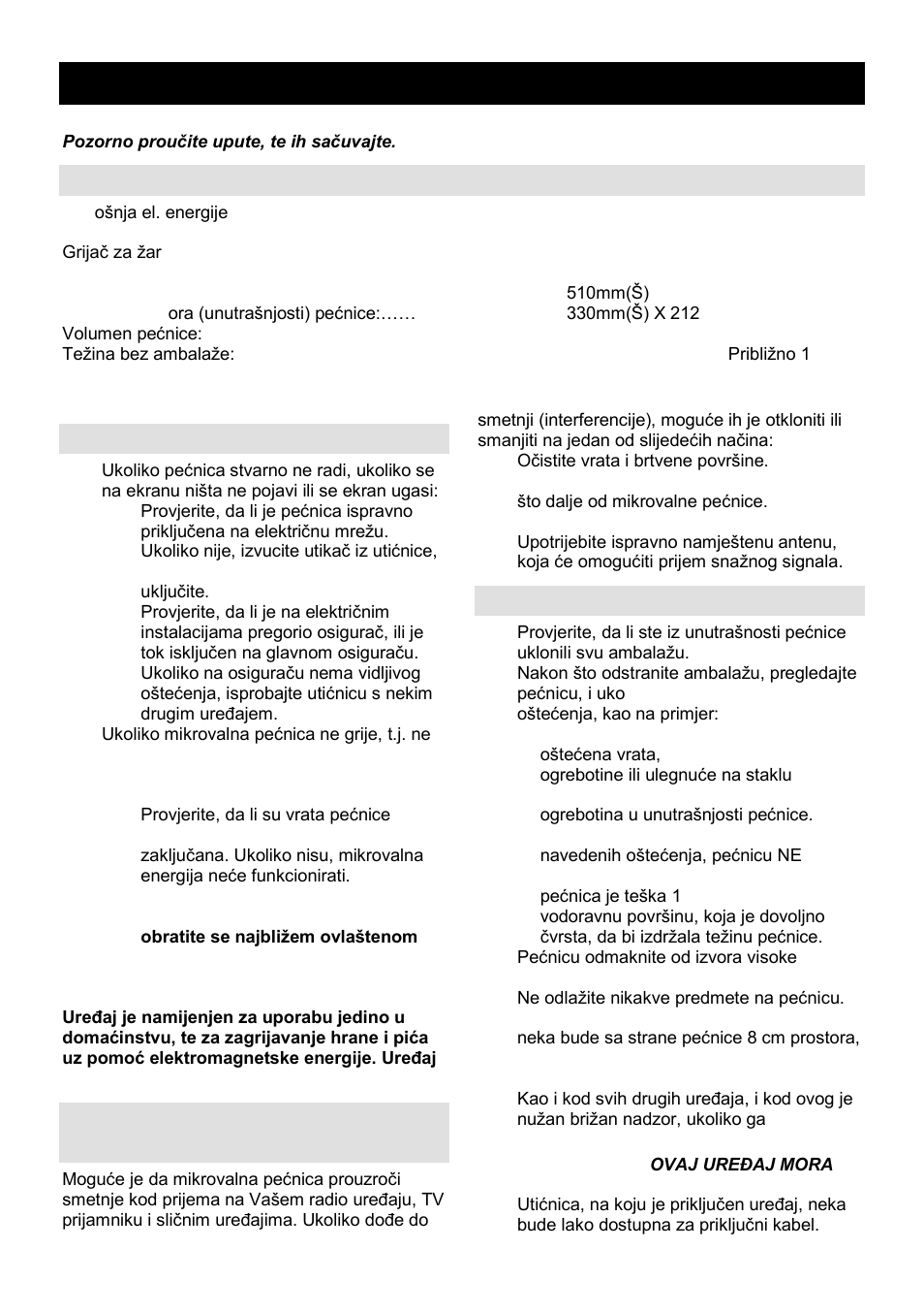 Upute za uporabu hr, Specifikacija, Prije nego pozovete servisera | Radijske smetnje (interferencija), Postavljanje | Gorenje GMO-23 DGE User Manual | Page 10 / 168
