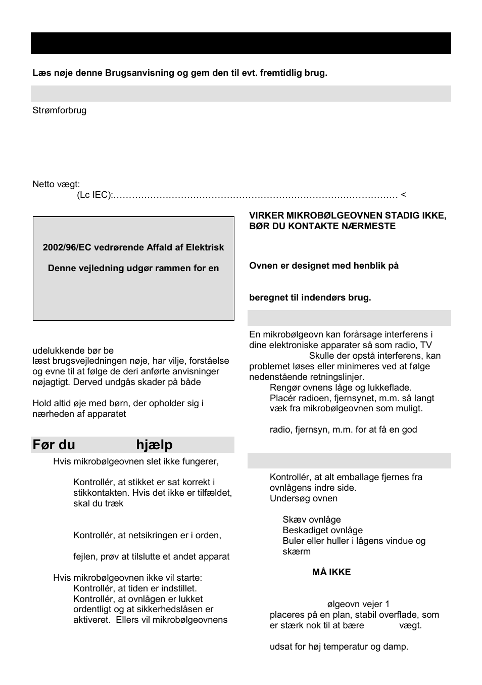 Brugsanvisning dk, Tekniske data, Før du tilkalder hjælp | Interference i radioudstyr, Installation | Gorenje GMO-23 DGE User Manual | Page 120 / 168