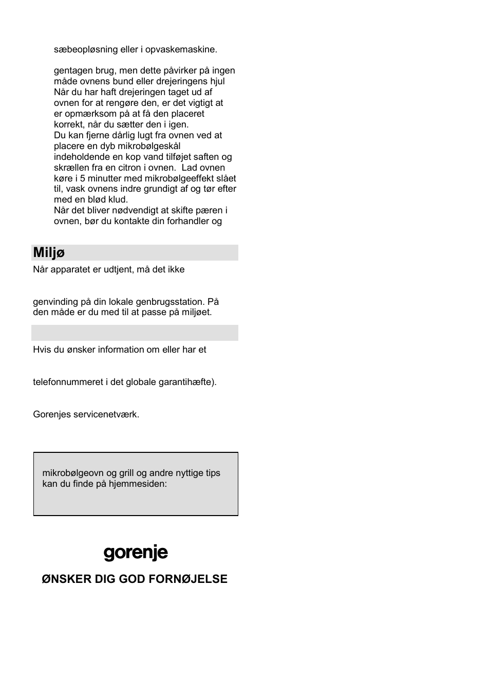 Miljø, Garanti og service | Gorenje GMO-23 DGE User Manual | Page 126 / 168