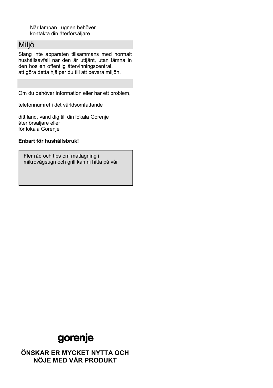 Miljö, Garanti & service | Gorenje GMO-23 DGE User Manual | Page 133 / 168