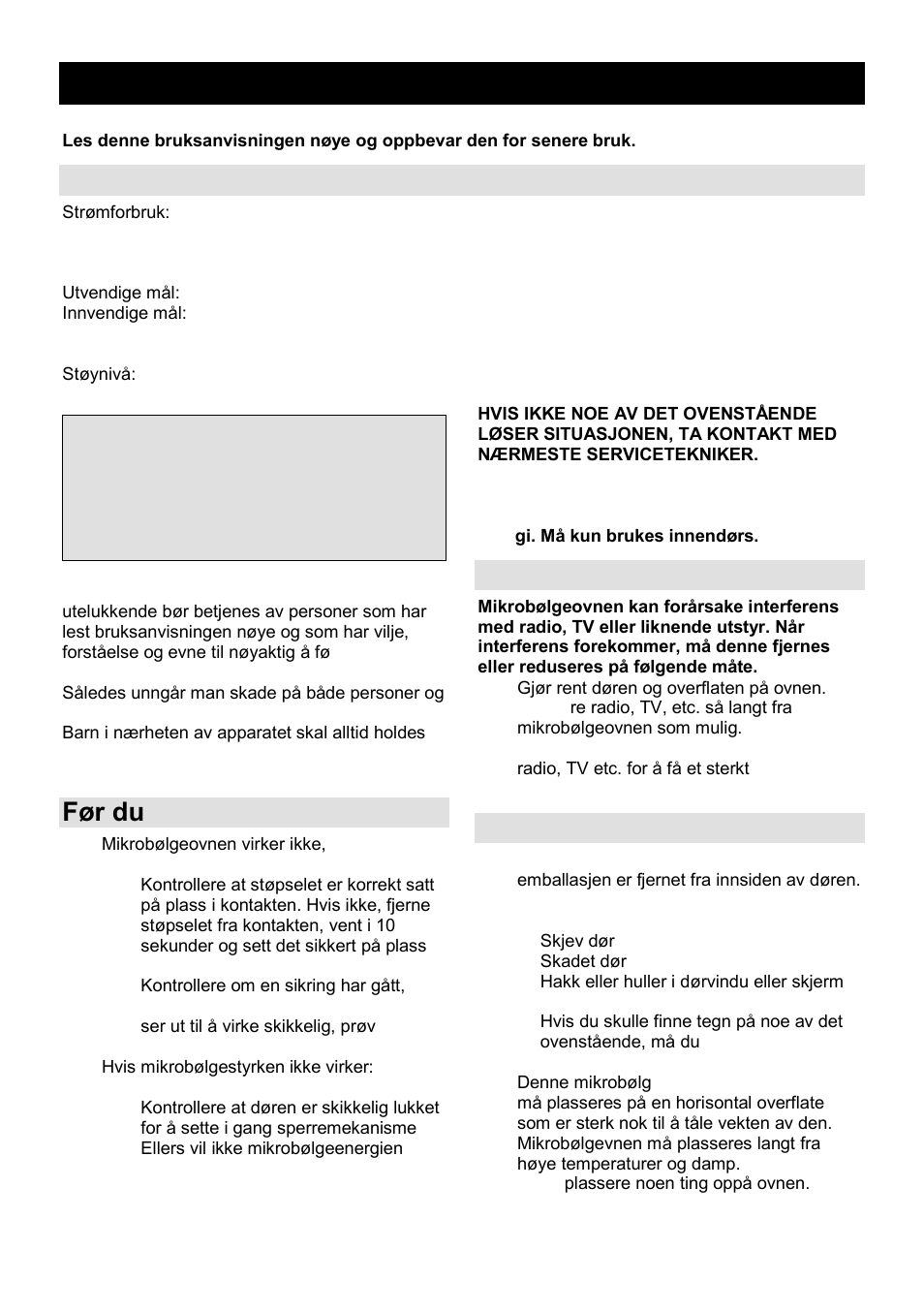 Bruksanvisning no, Spesifikasjoner, Før du ringer service | Radiointerferens, Installasjon | Gorenje GMO-23 DGE User Manual | Page 134 / 168