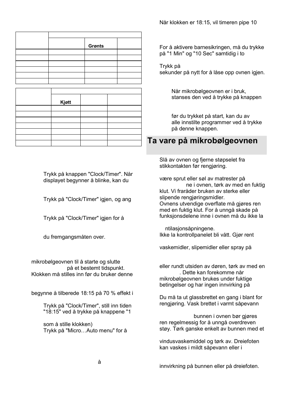 Ta vare på mikrobølgeovnen din, Klokke, Timer | Barnesikring, Start/reset | Gorenje GMO-23 DGE User Manual | Page 139 / 168