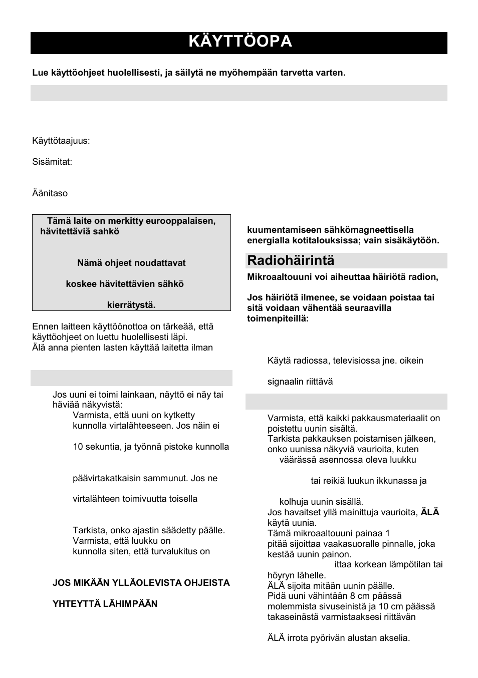 Käyttöopas fi, Tekniset tiedot, Ennen kuin soitat korjaajalle | Radiohäirintä, Asennus | Gorenje GMO-23 DGE User Manual | Page 141 / 168