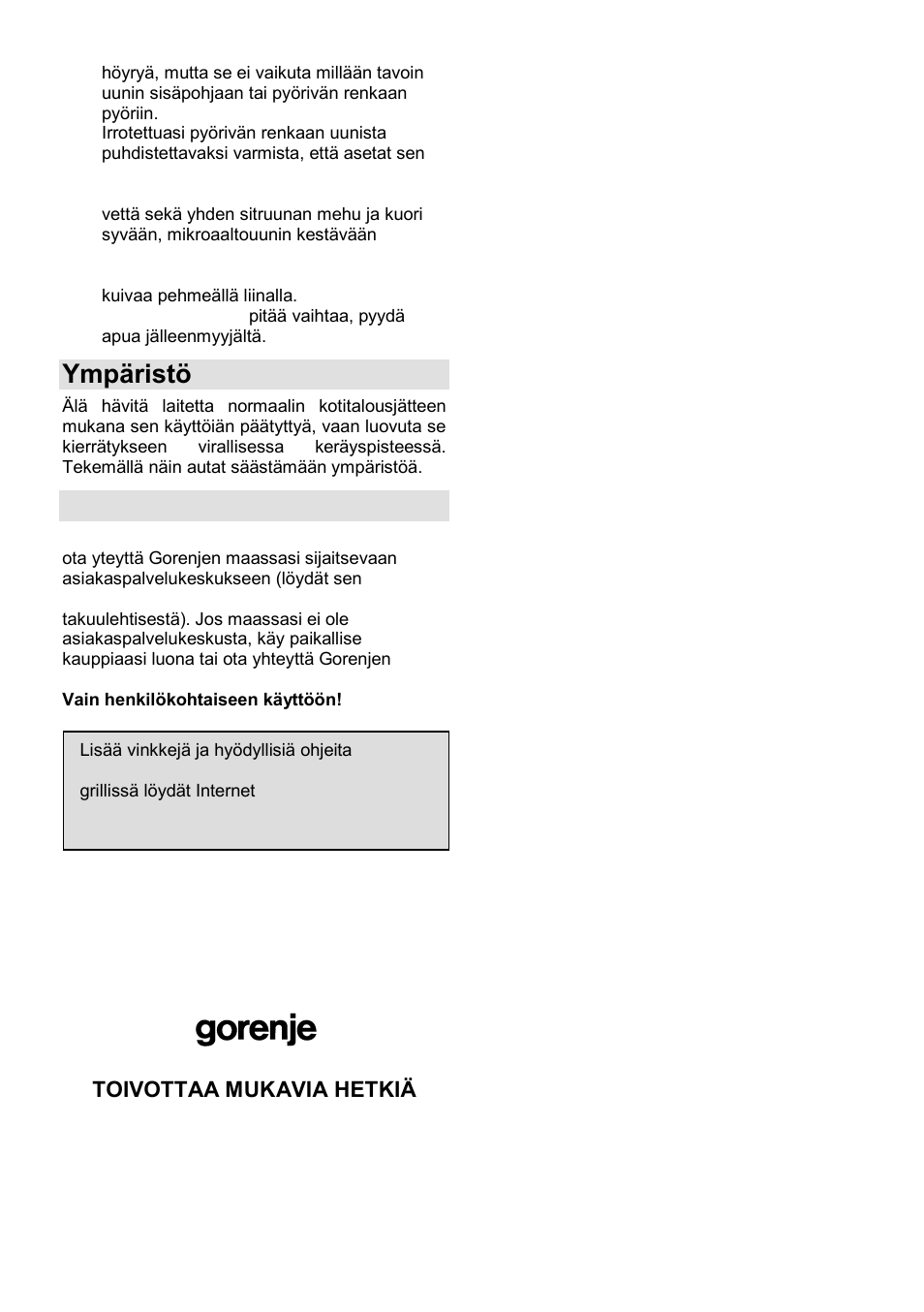 Ympäristö, Takuu ja huolto | Gorenje GMO-23 DGE User Manual | Page 147 / 168