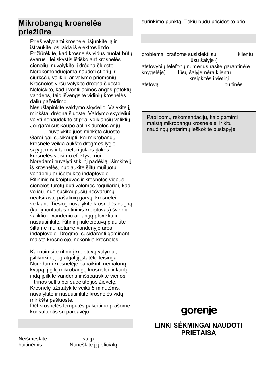 Mikrobangų krosnelės prieņiūra, Aplinka, Garantija ir aptarnavimas | Gorenje GMO-23 DGE User Manual | Page 161 / 168