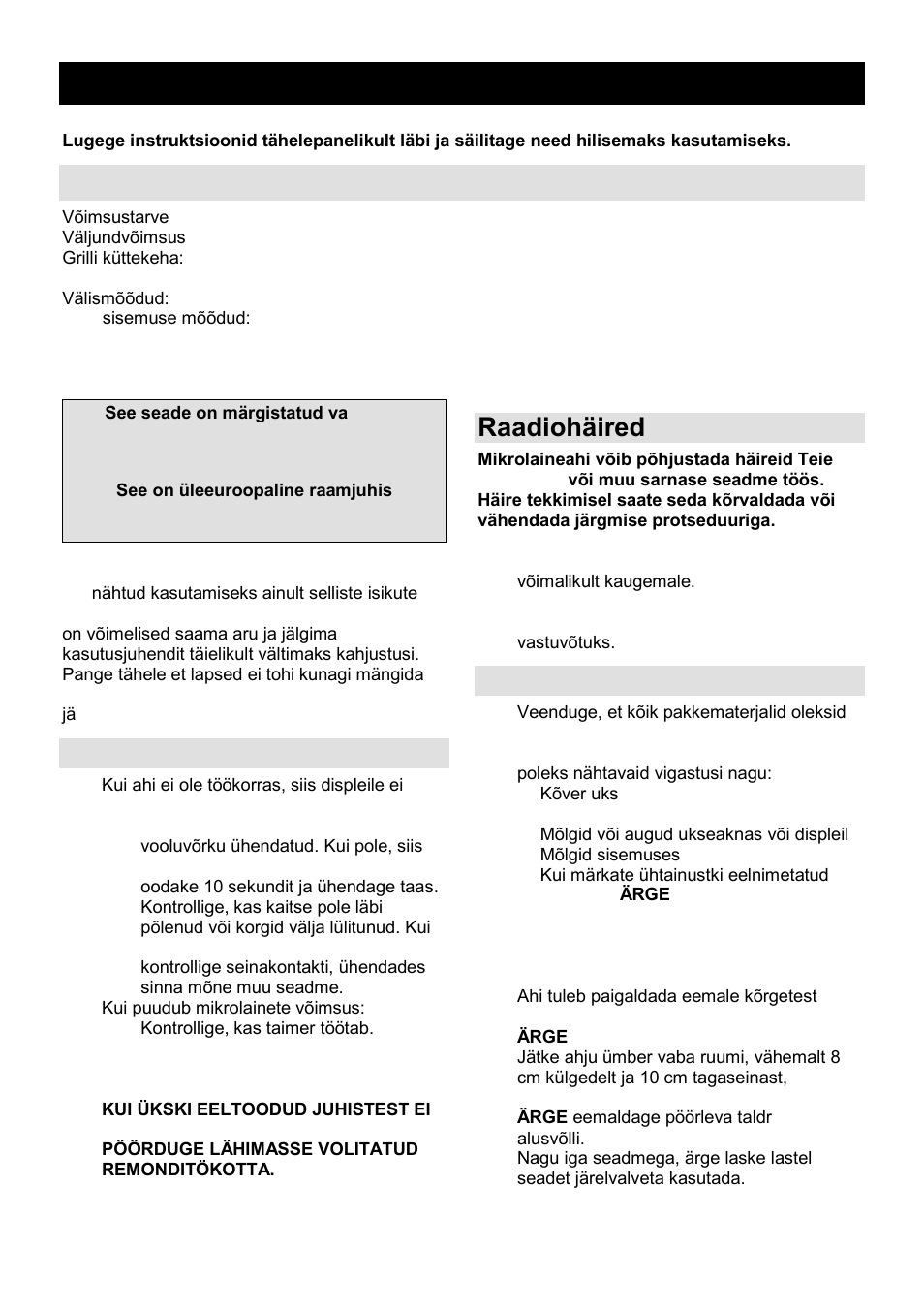 Kasutusjuhend ee, Tehnilised andmed, Enne hooldusesse helistamist | Raadiohäired, Paigaldamine | Gorenje GMO-23 DGE User Manual | Page 162 / 168