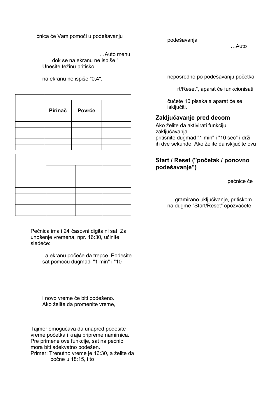 Auto meni, Tajmer, Zakljuĉavanje pred decom | Start / reset ("poĉetak / ponovno podeńavanje") | Gorenje GMO-23 DGE User Manual | Page 22 / 168