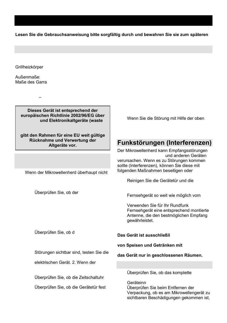 Gebrauchsanweisung de, Technische daten, Bevor sie den kundendienst anrufen | Funkstörungen (interferenzen), Aufstellung | Gorenje GMO-23 DGE User Manual | Page 39 / 168