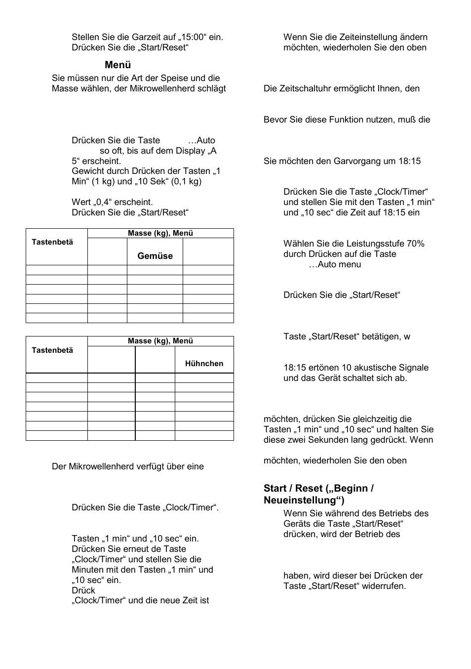 Automatik- menü, Zeitschaltuhr, Kindersicherung | Start / reset („beginn / neueinstellung“) | Gorenje GMO-23 DGE User Manual | Page 45 / 168