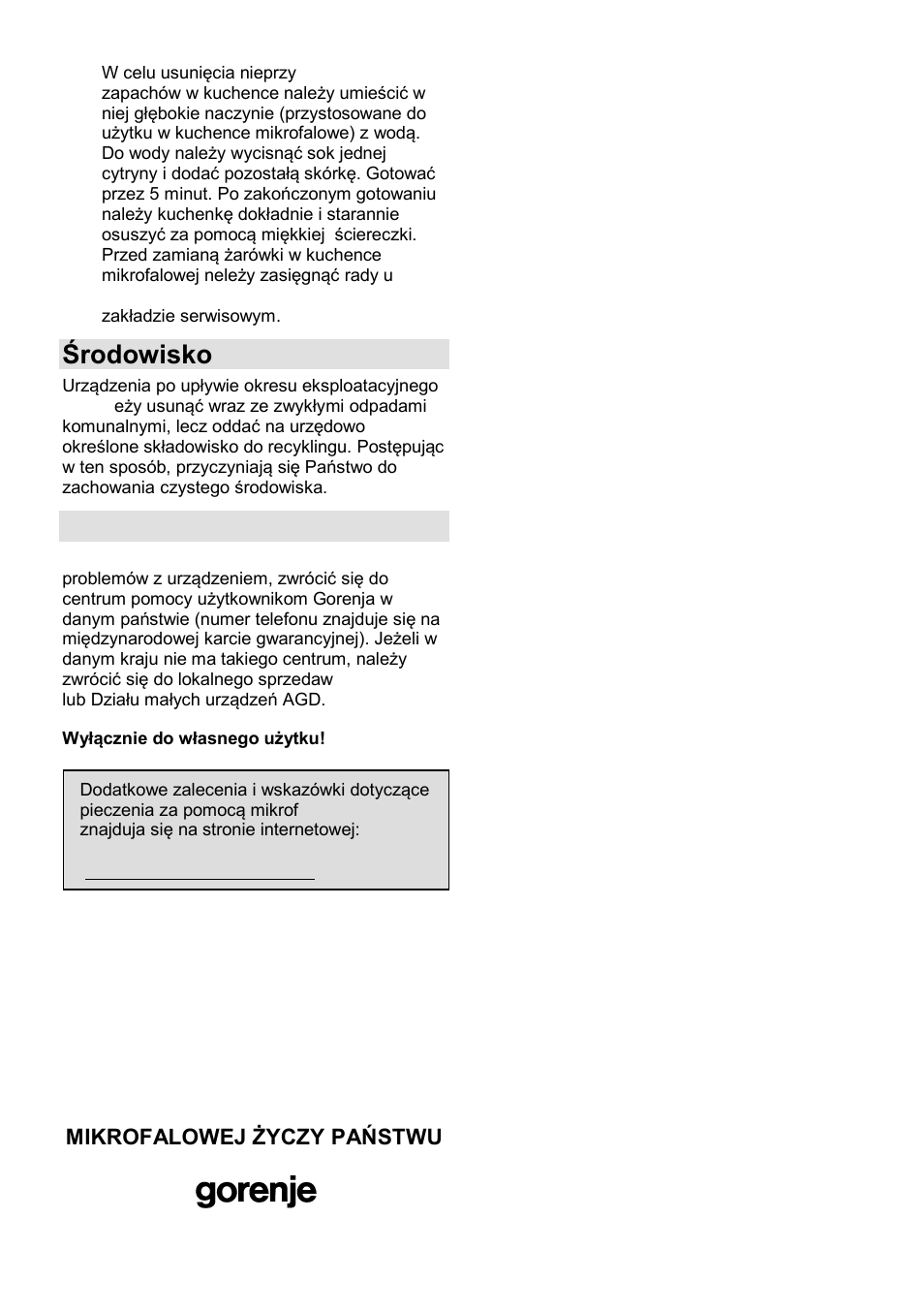 Środowisko, Gwarancja i serwis naprawczy | Gorenje GMO-23 DGE User Manual | Page 69 / 168