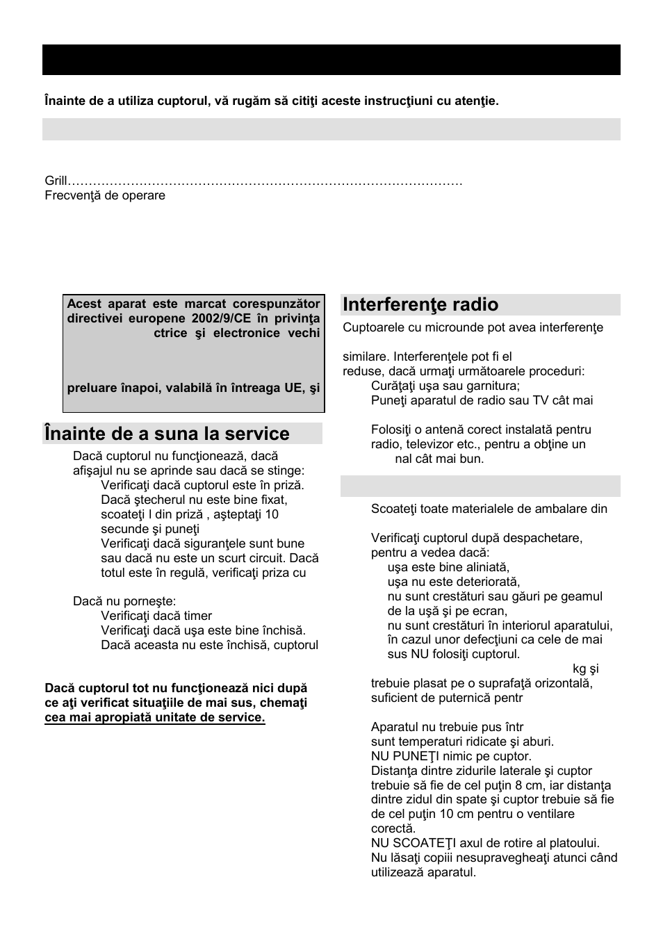 Manual de utilizare ro, Caracteristici, Înainte de a suna la service | Interferenŝe radio, Instalare | Gorenje GMO-23 DGE User Manual | Page 70 / 168